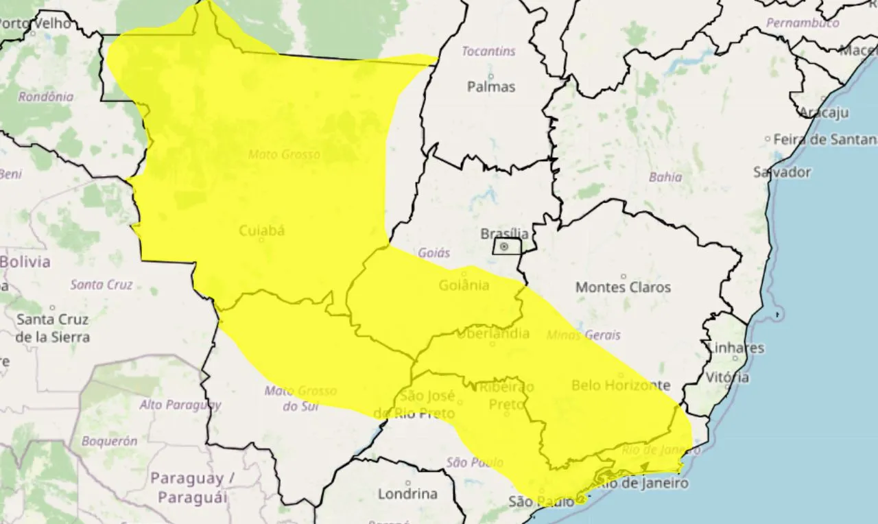 o map&aacute; mostra &agrave;s &aacute;reas em alerta para chuva intensa e ventos em partes das regi&otilde;es centrais do Brasil